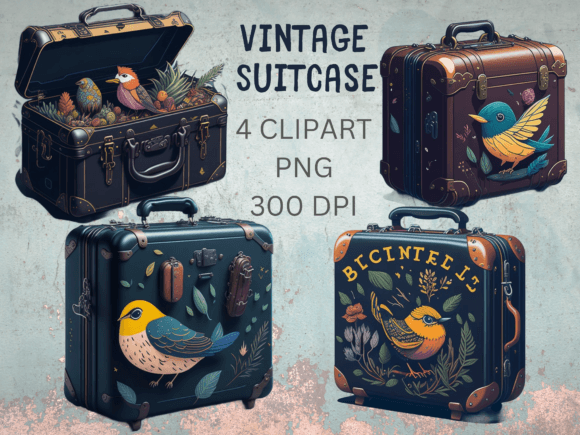 Download Vintage Suitcase with Cute Birds Clipart - Vintage suitcase Collection