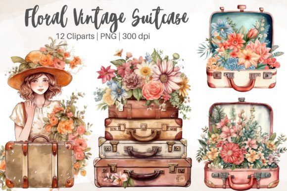 Download Floral Vintage Suitcase Watercolor - Vintage suitcase Collection