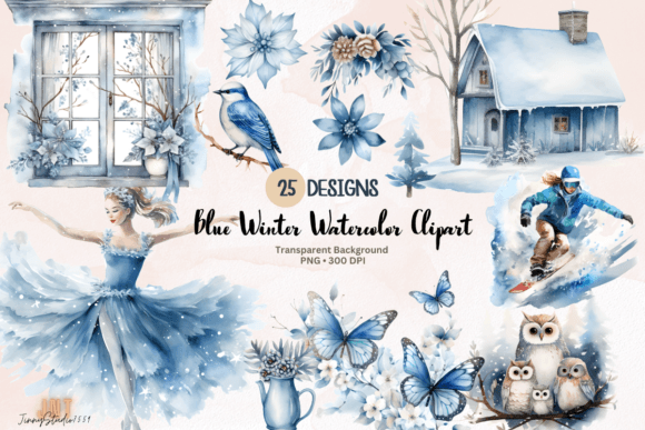 Download Watercolor Blue Winter Decor Clipart - Winter decor Collection