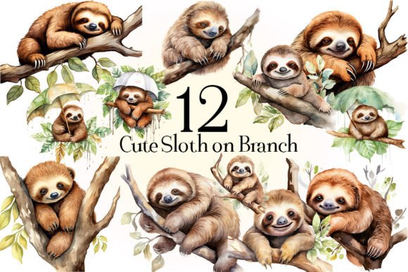 Download Cute Sloth on Branch Clipart PNG - Sloth Collection