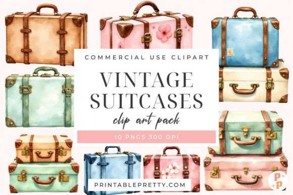 Download Vintage Suitcase Watercolor Clipart PNG - Vintage suitcase Collection